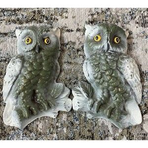 Set of 2 Vintage HOMCO Owl Wall Plaques Hanging Home Interior Foam Gray Cream